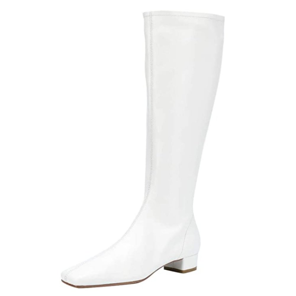 YDN White Square Toe Chunky Low Heels Side Zipper Long Boots Dress Shoes